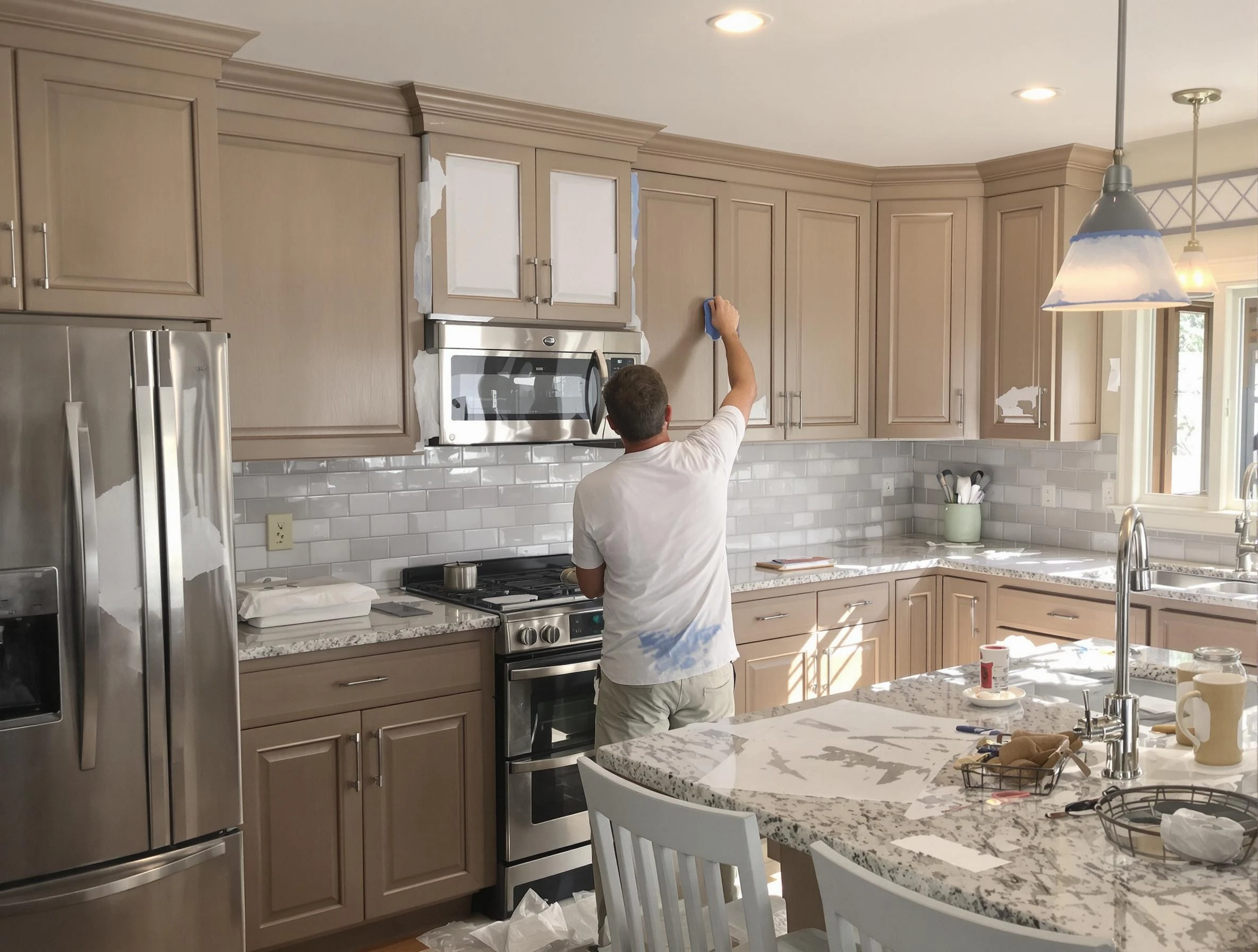Before-and-after view of kitchen painting by Carefree House Painters in Carefree